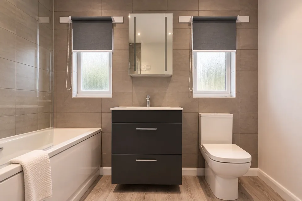 Two charcoal roller blinds completing a contemporary tiled bathroom