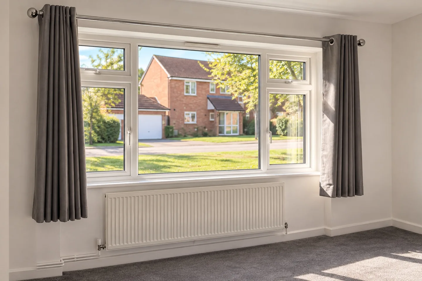Grey eyelet curtains neatly dressed on a polished chrome pole in a bright living room