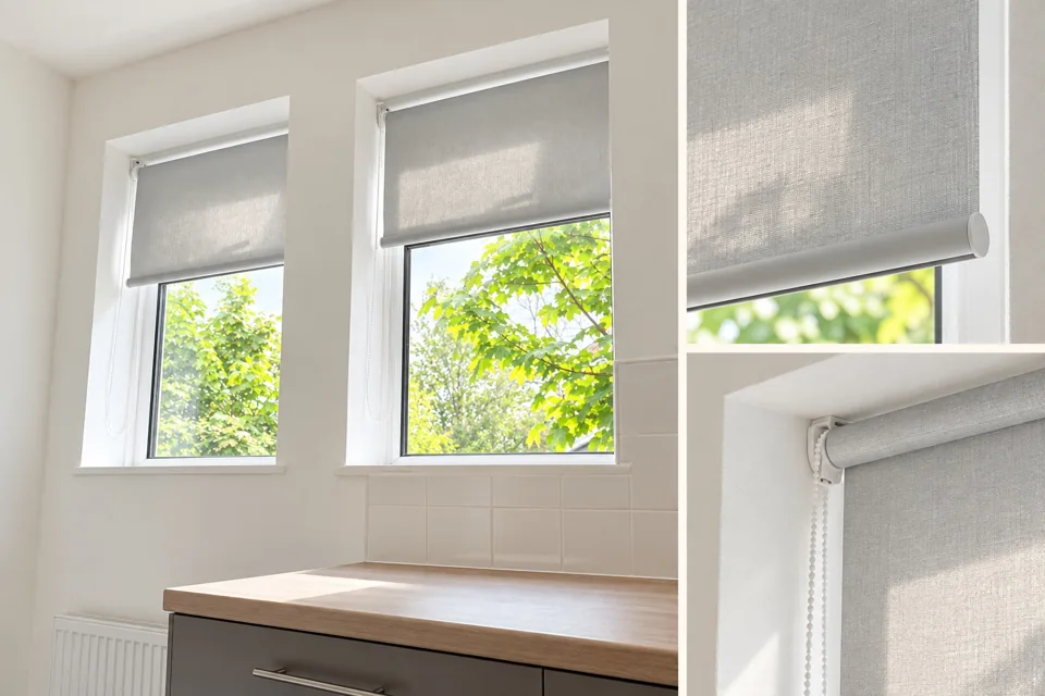 Light grey roller blinds in a bright kitchen, with close-up views of the fabric and fittings