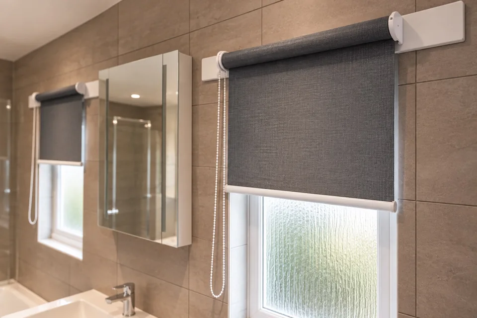 Close-up of charcoal roller blinds with white brackets and bottom bars